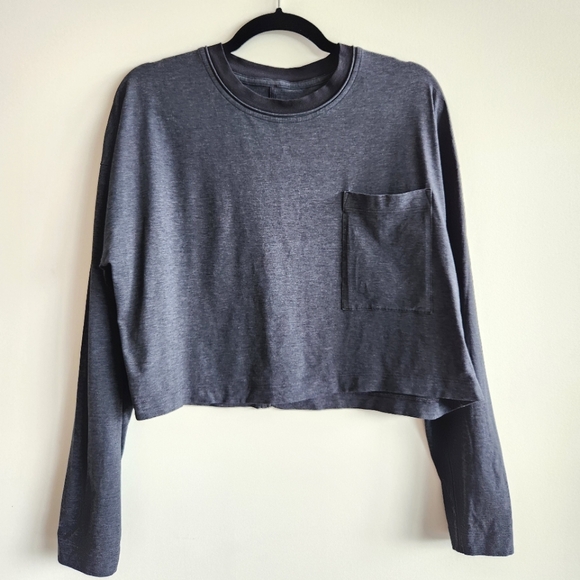 Lululemon Check the Box Long Sleeve Crop Shirt Pocket Tee Heathered Black - Picture 5 of 7